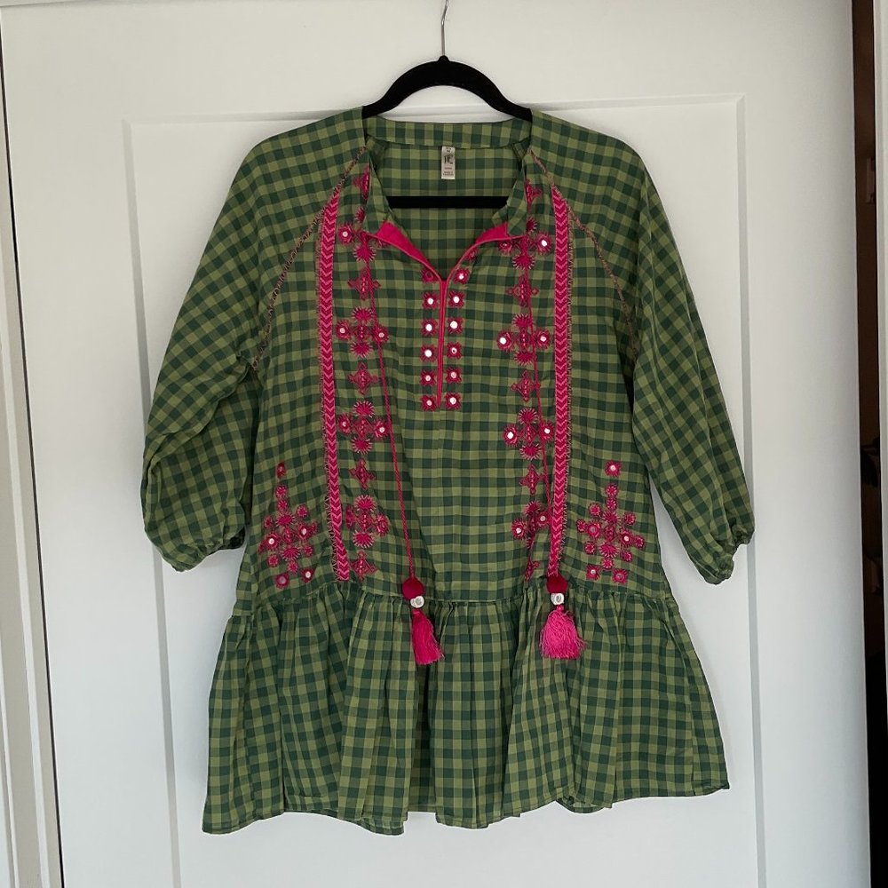 Ethnic Brand Kurti Blouse, Green Checkered. Size M
